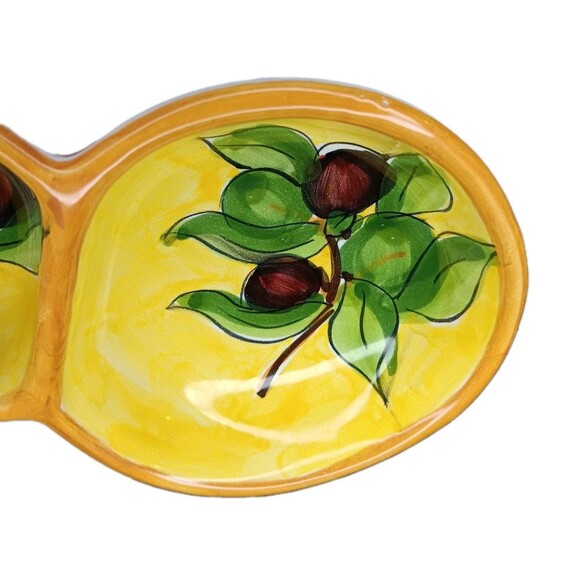 Olive Dish Two Section Yellow Handpainted Olives Leaves Branches Made In Italy - Picture 7 of 7